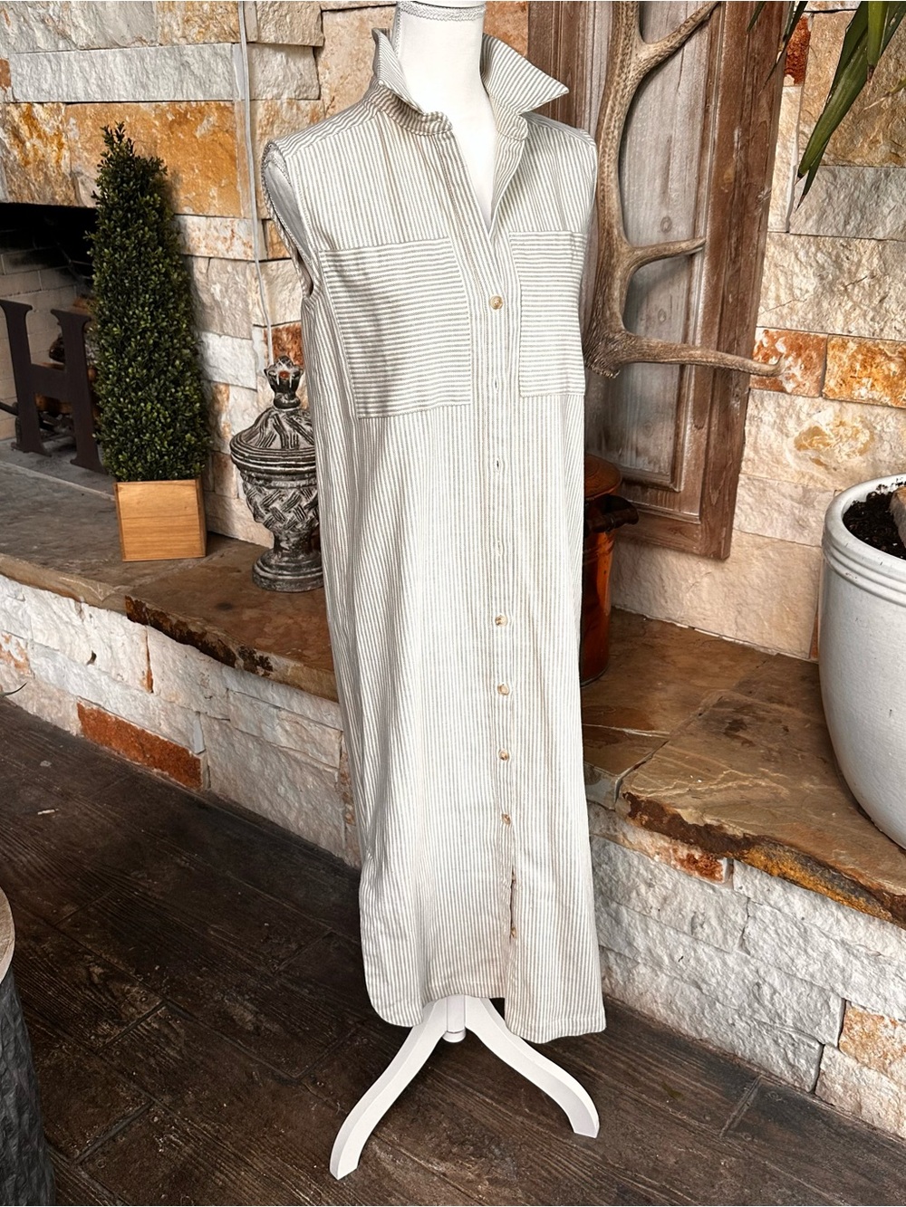 Sleeveless Midi Shirt Dress in Light Gray Stripe